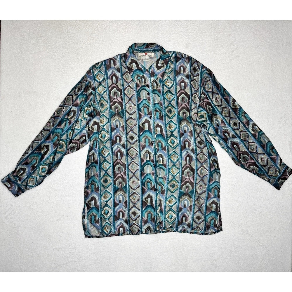 Vintage Stunt 100% Silk Geometric patern Button Up Long Sleeve Blouse Women XL